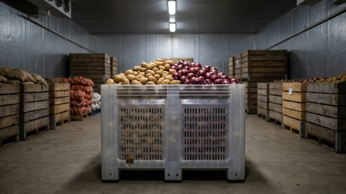Giant Vented Plastic Pallet Box in use