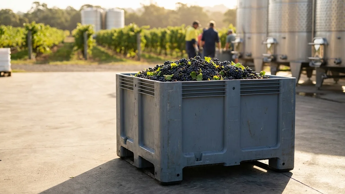 Solid Euro Bulk Container in use — A Barossa-region South Australian winery moving crushed fruit and must through vintage.