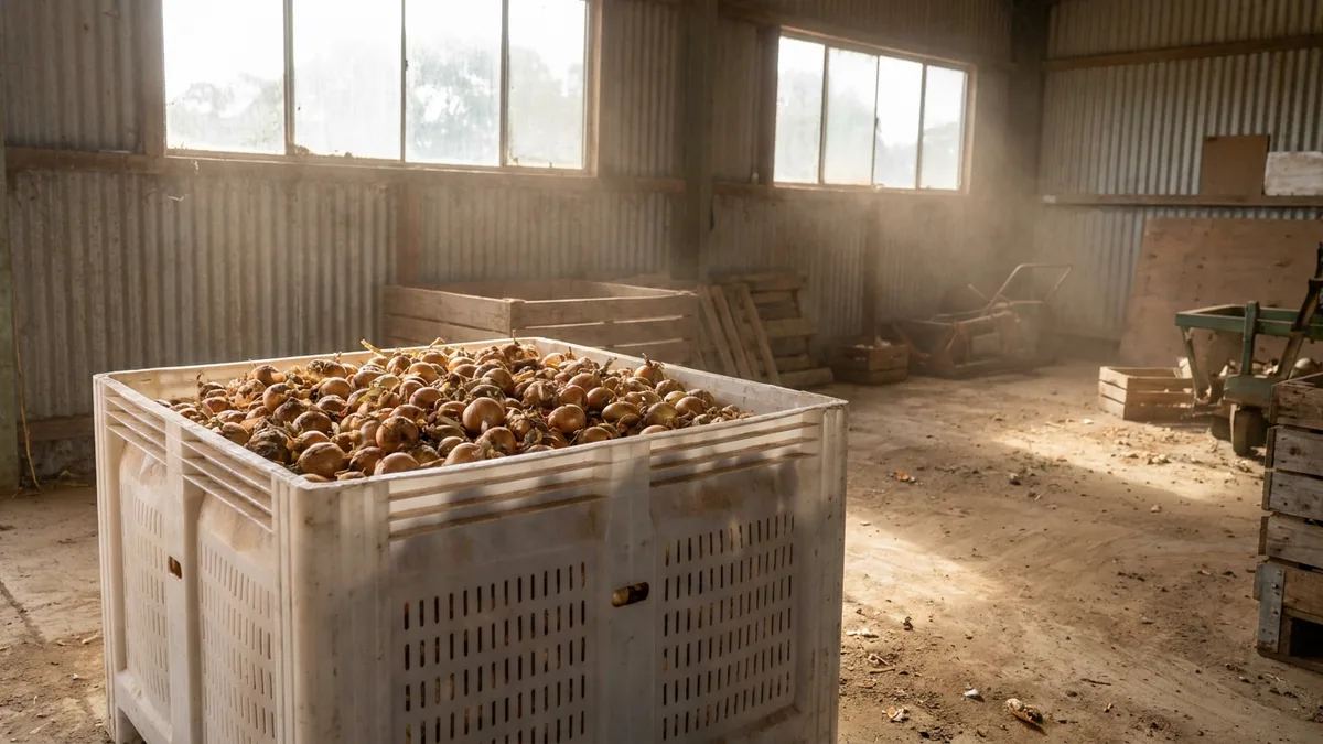 Low Folding Vented Pallet Box (IBC) in use — A Lockyer Valley mixed brassica and root-vegetable grower