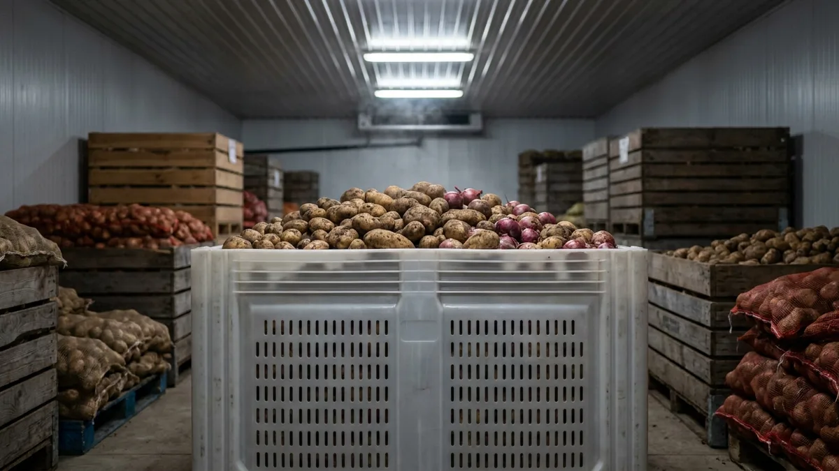 Folding Vented Pallet Box with Lid in use — A South Australian (Riverland/Mallee) onion exporter