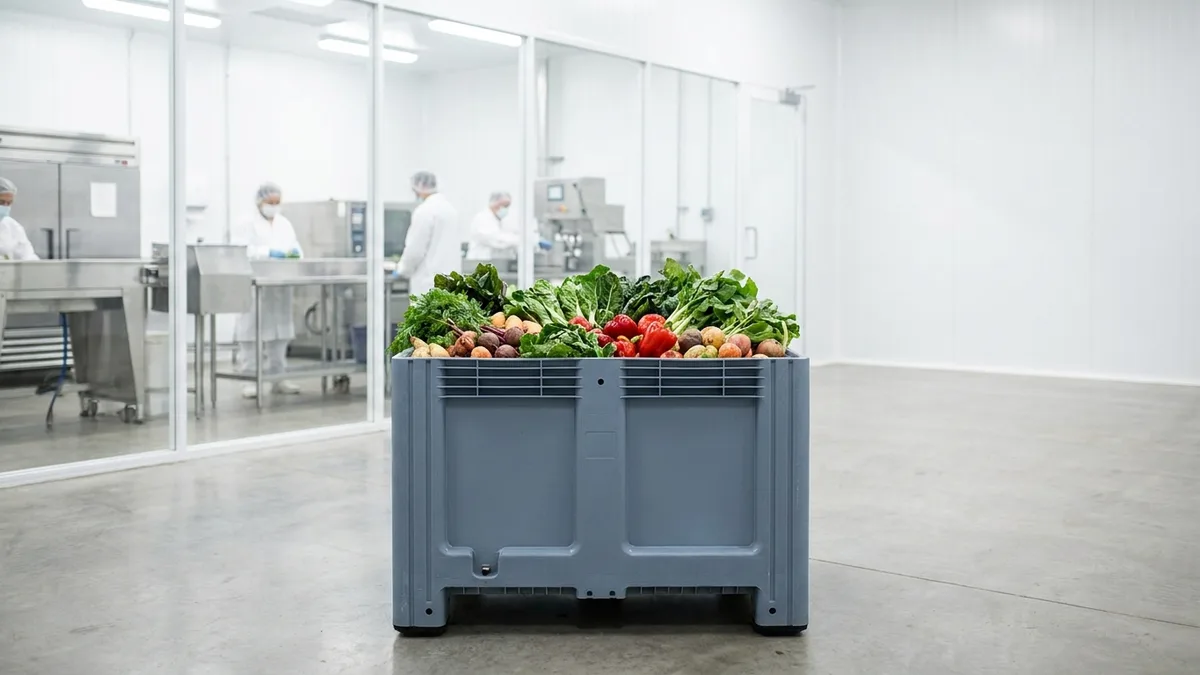 Solid Euro Plastic Bulk Container B2GD1208S114 in use