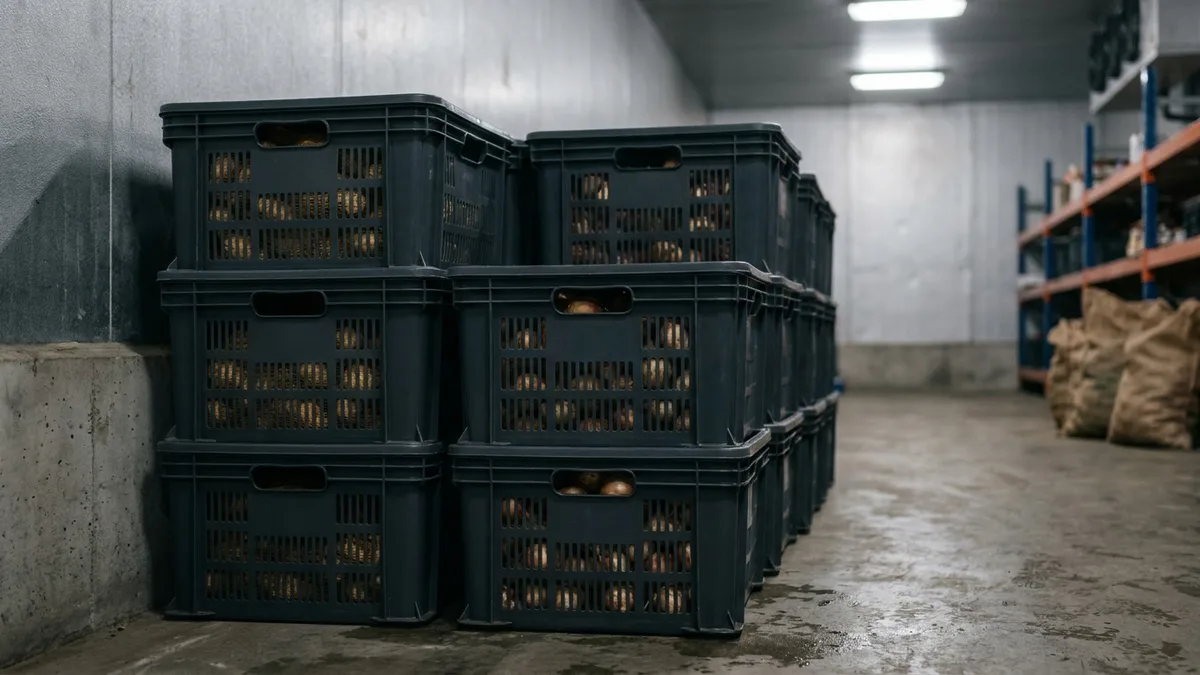 Folding Vented Plastic Half Crate in use