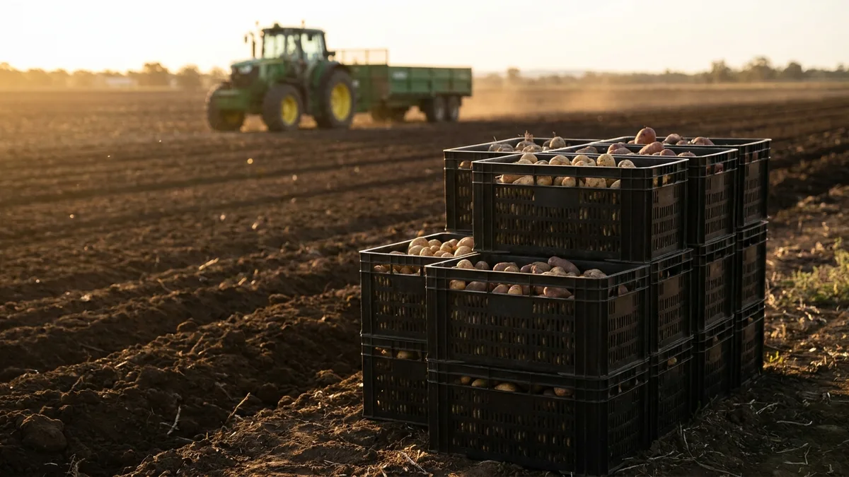 Folding Vented Plastic Crate in use — A Sunraysia table-grape grower with a small winery side-line